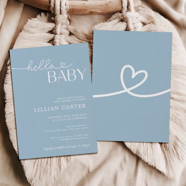 Hello Baby Shower Heart Baby Blue Minimalist Invitation (Creator Uploaded)