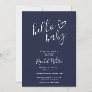 Hello Baby Shower Heart Navy Blue Minimalist Invitation