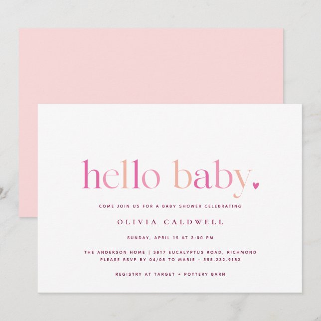 Hello Baby | Simple Heart Pink Girl Baby Shower Invitation (Front/Back)