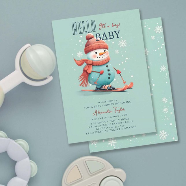 Hello Baby Snowman Skiing Winter Boy Baby Shower Invitation (winter baby boy shower invitation snowman sports skiing watercolor snowflake snow wonderland)