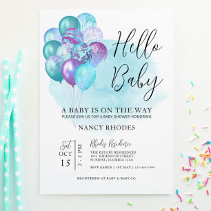 Hello Baby Teal Purple Baby Shower Invitation
