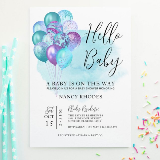 Hello Baby Teal Purple Baby Shower Invitation (Creator Uploaded)