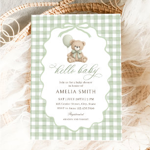 Hello Baby Teddy Bear Baby Shower Green Invitation