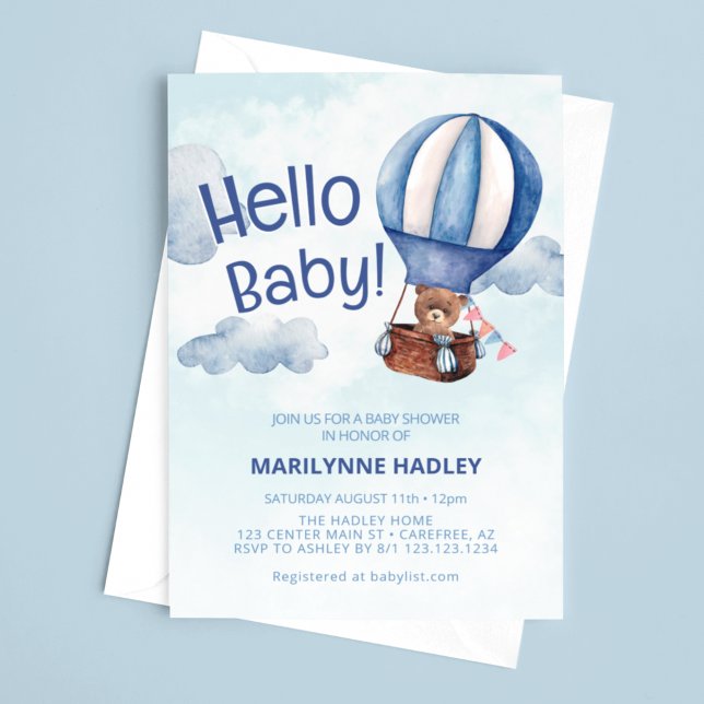 Hello Baby Teddy Bear Blue Shower Invitation (Creator Uploaded)