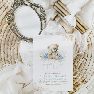 Hello Baby Teddy Bear Boho Blue Boy Baby Shower Invitation