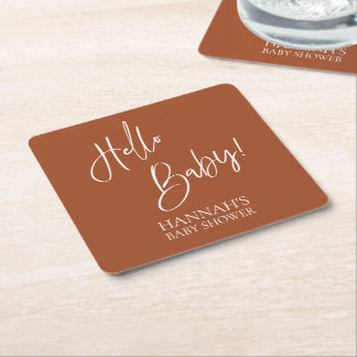 Hello Baby Terracotta Earthy Boho Baby shower Square Paper Coaster