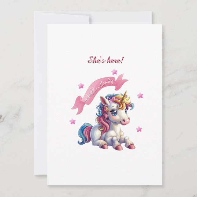 "Hello Baby Unicorn" Design Birth Announcement (Front)