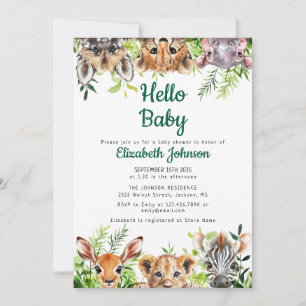 Hello Baby Watercolor Safari Animals Baby Shower Invitation