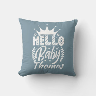 Hello Baby with Crown Baby's Name Blue Cushion