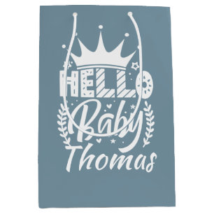 Hello Baby with Crown Baby's Name Blue  Medium Gift Bag