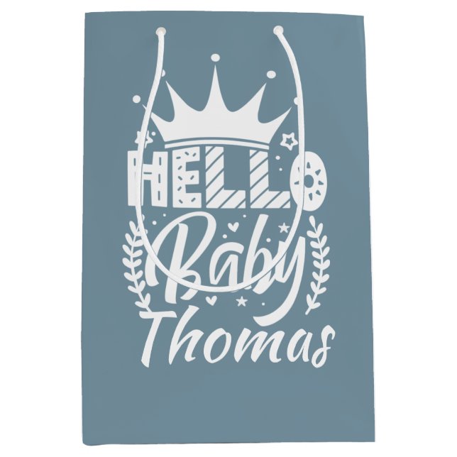 Hello Baby with Crown Baby's Name Blue  Medium Gift Bag (Front)