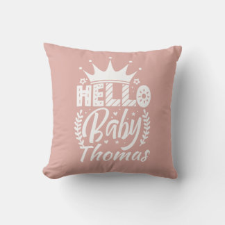 Hello Baby with Crown Baby's Name Blush Pink Cushion