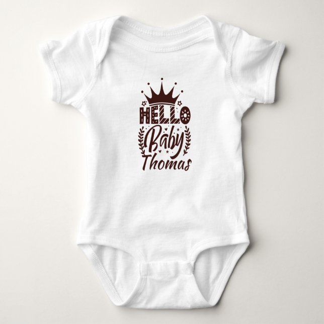 Hello Baby with Crown Baby's Name, Chocolate Brown Bodysuit (Front)