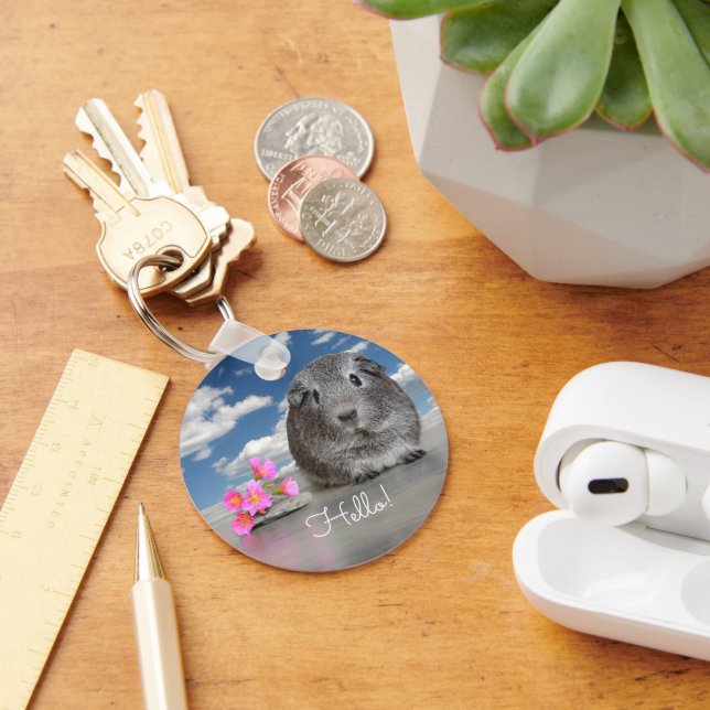 Hello Back To School Cute Grey Guinea Pig Custom Key Ring (Desk)