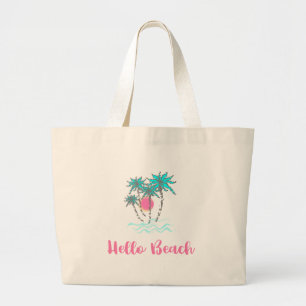 Hello Beach Tropical Style Summer Cool Large Tote Bag