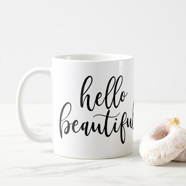 Hello Beautiful Black Handwritten Script Coffee Mug (With Donut)