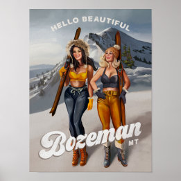 "Hello Beautiful Bozeman" Retro Pinup Ski Art Poster