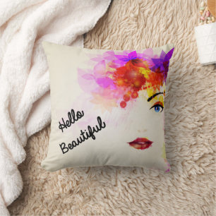 Hello Beautiful Floral Girl Face Pillow