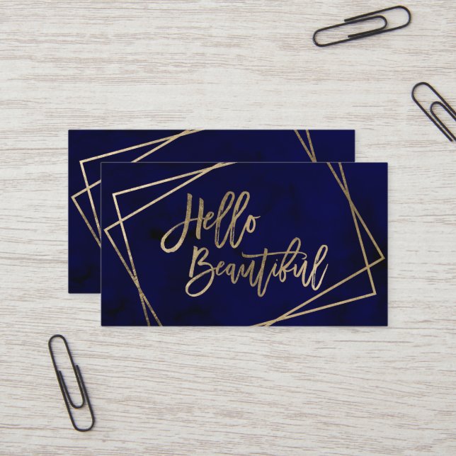 Hello beautiful gold script navy blue watercolor business card (Front/Back In Situ)