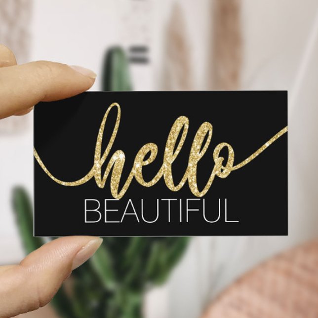 Hello Beautiful Gold Typography Beauty Salon Business Card (Creator Uploaded)