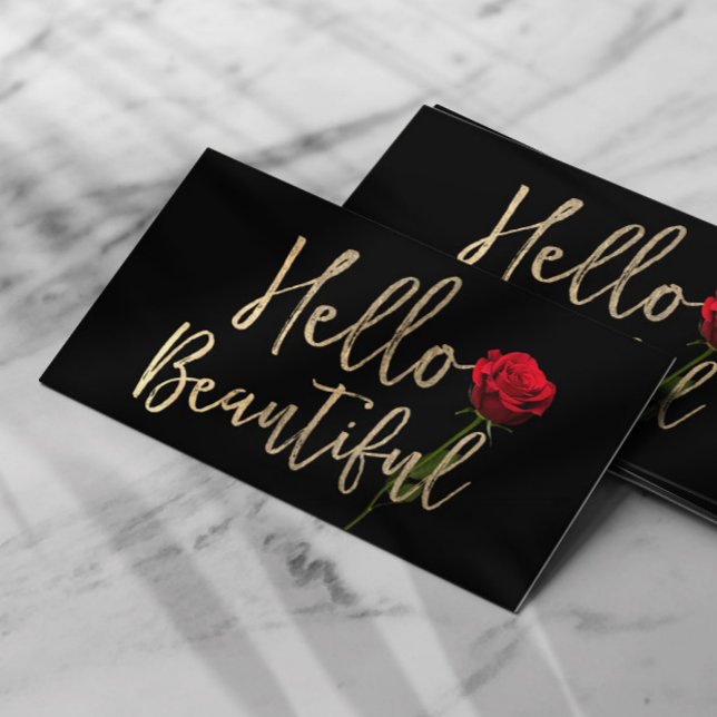 Hello Beautiful Gold Typography Red Rose Flower Business Card (Creator Uploaded)