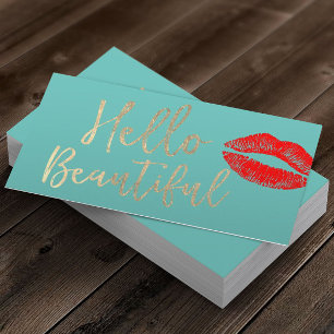 Hello Beautiful Makeup Artist Gold Typography Teal Business Card