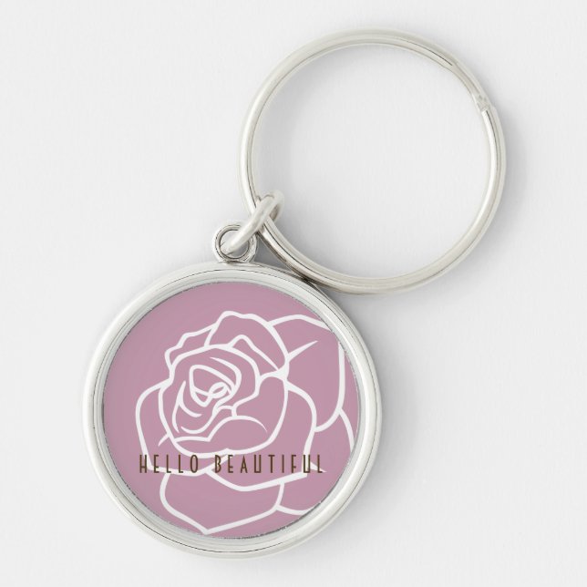 Hello Beautiful - Modern Chic Floral Pink Rose Key Ring (Front)