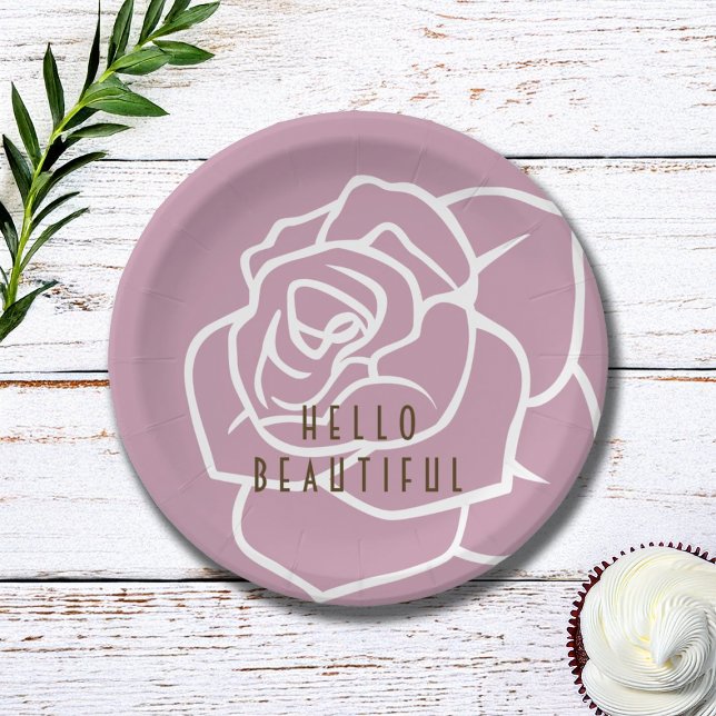 Hello Beautiful - Modern Chic Pink Rose Paper Plate (Creator Uploaded)