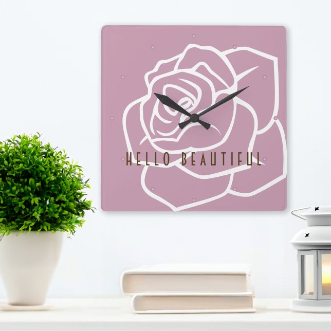 Hello Beautiful - Modern Chic Pink Rose Square Wall Clock (Creator Uploaded)