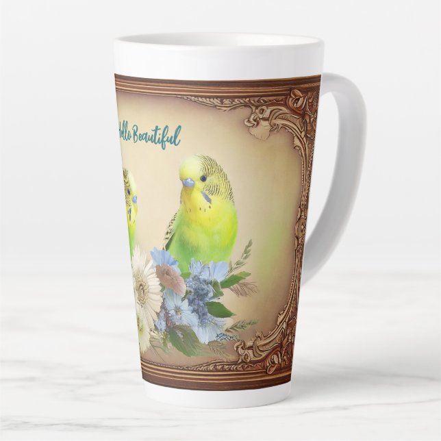 Hello Beautiful Parakeets Latte Mug (Right Angle)