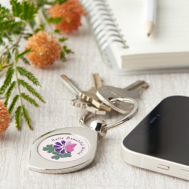 Hello Beautiful Pink Butterfly on Purple Flower Key Ring (Side)