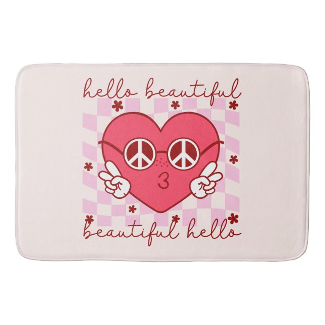 Hello Beautiful Pink Heart Bath Mat (Front)