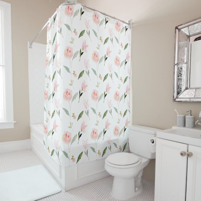 Hello Beautiful Pink Watercolor Floral Shower Curtain (In Situ)
