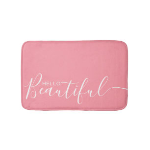 Hello Beautiful Pink White Typography Modern  Bath Mat