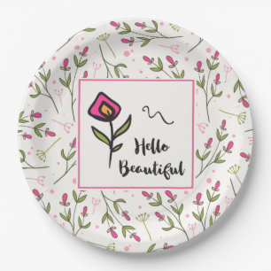 Hello Beautiful Pretty Pink Orange Wildlflower Paper Plate