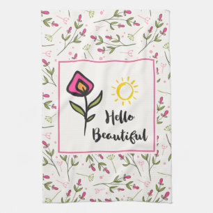 Hello Beautiful Pretty Pink Orange Wildlflower Tea Towel