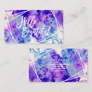 Hello beautiful purple watercolor geometric stripe business card