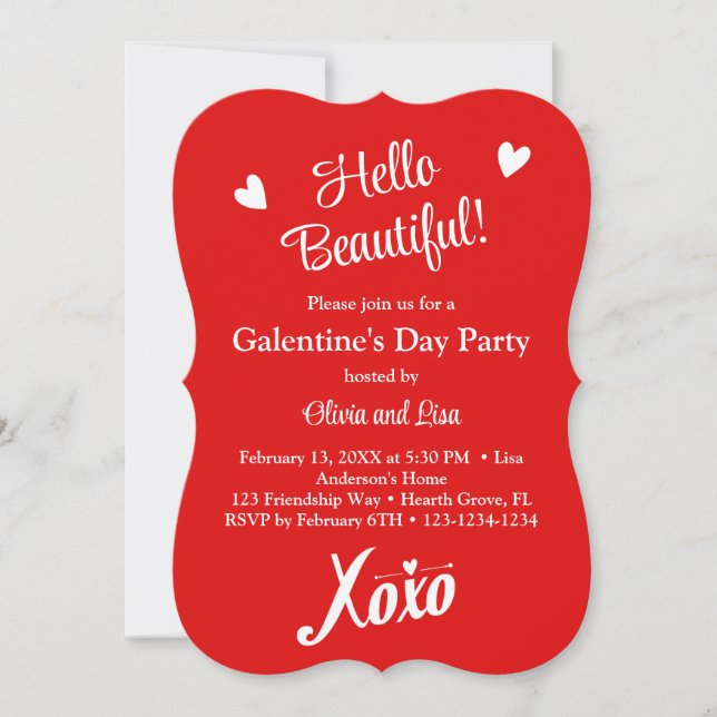 Hello Beautiful! Red XOXO Galentine's Day Party Invitation (Front)