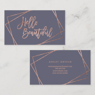 Hello beautiful rose gold script geometric purple business card