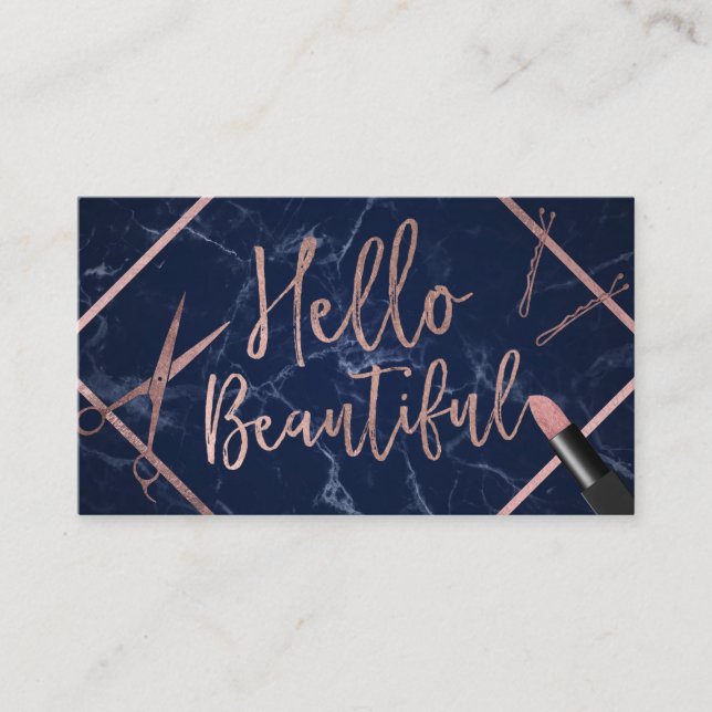 Hello Beautiful Rose Gold Script Navy Marble Salon Business Card (Front)