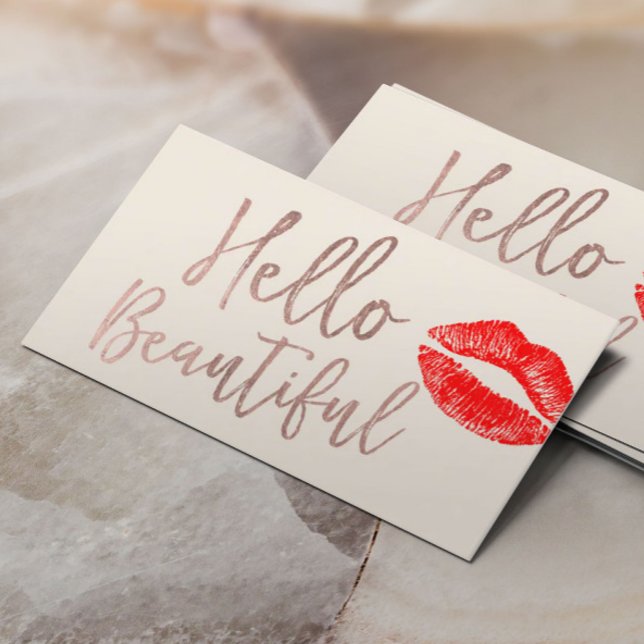 Hello Beautiful Rose Gold Typography Red Lips Business Card (Creator Uploaded)