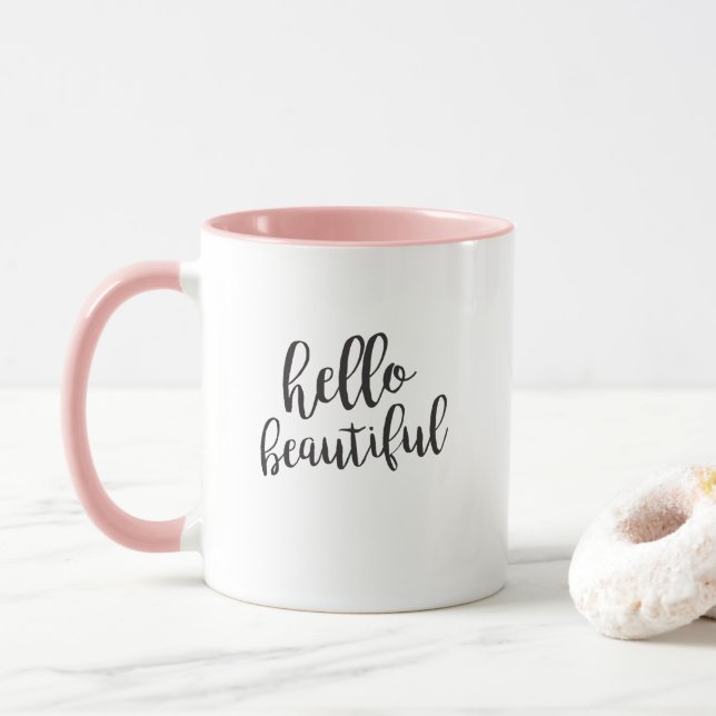 Hello Beautiful Script Quote Coffee Mug (With Donut)