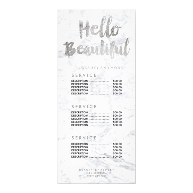 Hello beautiful silver script marble price list rack card (Front)