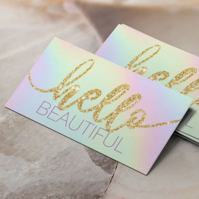 Hello Beautiful Typography Pastel Holographic Business Card (Creator Uploaded)