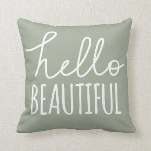 Hello Beautiful Typography Whimsical Girly Grey Cushion