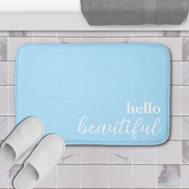 Hello Beautiful Typography White & Pastel Blue Bath Mat (light pastel blue hello beautiful bathroom bathmat)
