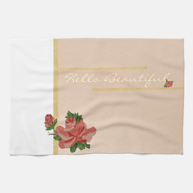 Hello Beautiful Vintage Rose Towel (Horizontal)