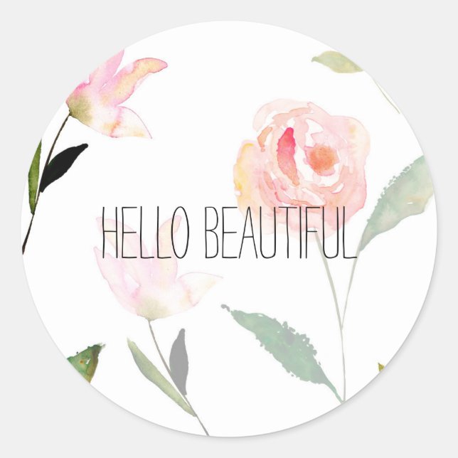 Hello Beautiful Watercolor Floral Classic Round Sticker (Front)