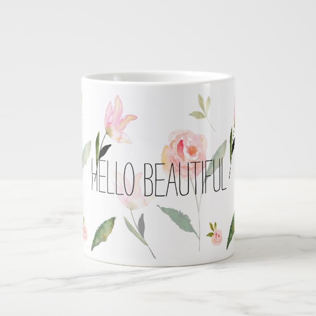 Hello Beautiful Watercolor Floral Large Coffee Mug (Front)