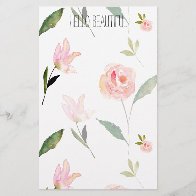 Hello Beautiful Watercolor Floral Stationery (Front)